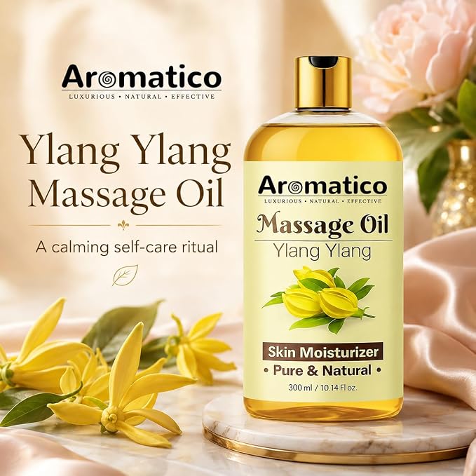 Aromatico Ylang Ylang Massage Oil 10.1 fl oz – Floral Body Oil for Relaxation & Skin Nourishment – Lightweight, Non-Greasy, Fast Absorbing Massage Oil for Spa & Daily Use