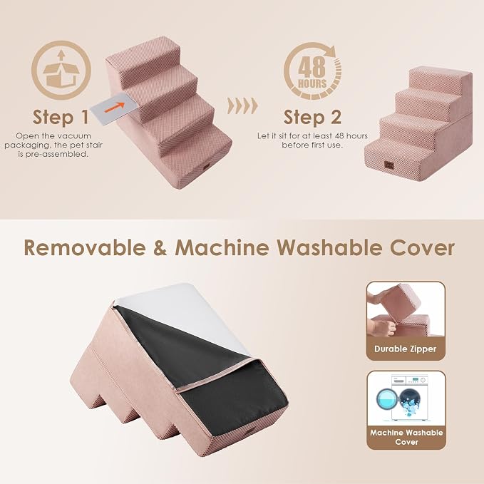 EHEYCIGA Dog Stairs for Small Dogs 13.5" H, 3-Step Extra Wide Dog Steps for Couch Sofa and Chair, Pet Steps for Medium Cats, Non-Slip Balanced Pet Ramp Indoor, Pink