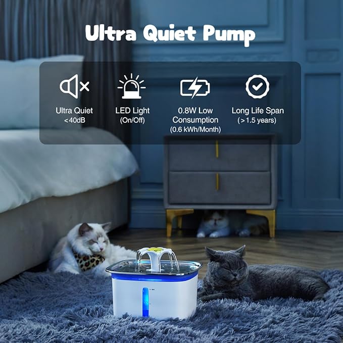 Veken Innovation Award Winner 95oz/2.8L Cat Water Fountain | Automatic Pet Fountain Dog Water Dispenser with Stainless Steel Lid, Replacement Filters & Silicone Mat Included (Silver)