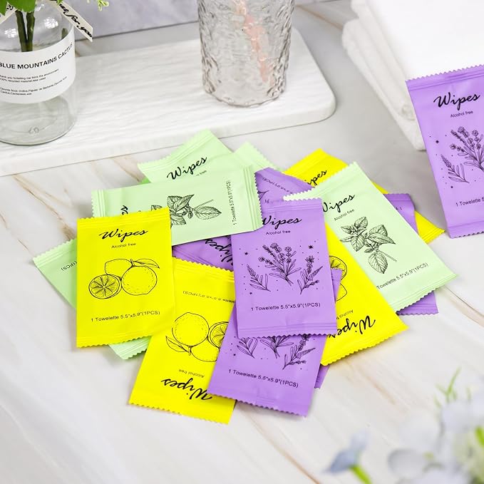 Individual Hand Wipes Wet Wipes Travel Size,Wet Wipes Individually Wrapped | 300PCS Bulk Cleansing Travel Size Wipes for Wedding Travel Restaurant Barbecue(Mint,Lemon,Lavender)