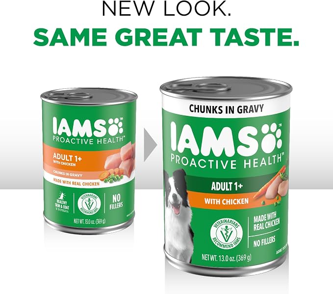 IAMS Proactive Health Chunks in Gravy Wet Dog Food, Chicken, 13 oz, 12 Pack | Real chicken, Omega 6 fatty acids,100% complete & balanced, no artificial flavors or soy, canned adult dog food