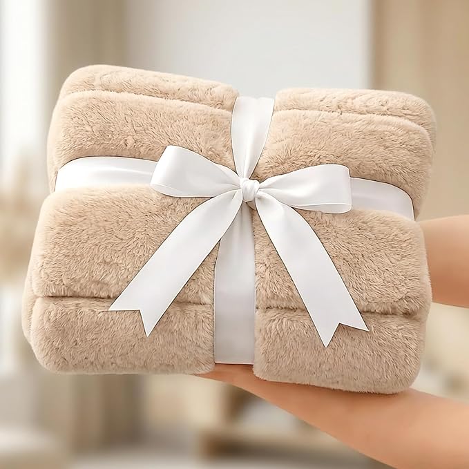 Cozy Bliss Deluxe Sheared Rabbit Faux Fur Throw Blanket, Soft Fuzzy High-Low Sculpted Plush Blanket for Couch, Cozy Home Accent, All Season Use, Khaki 60"x80"