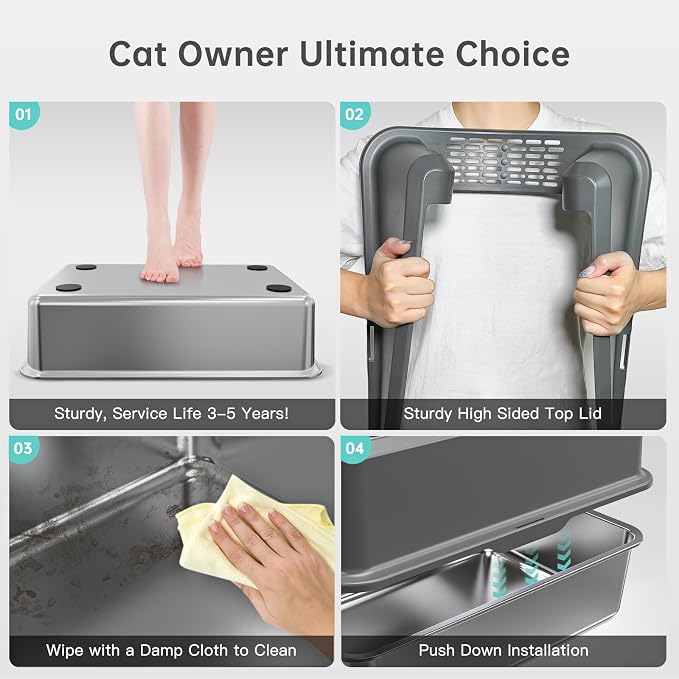 Stainless Steel Cat Litter Box, XL High Sided Open Top Litter Pan, 1 Scoop | Extra Large Litter Box for Big Cats, High Sides, Anti-Urine Leakage, Non-Stick, Odor-Free, Easy Clean, Reduce Litter Tracking