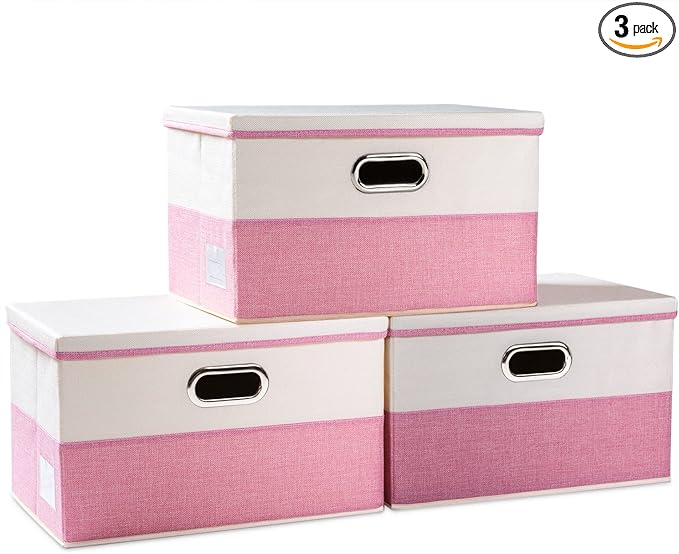 Large Collapsible Storage Bins with Lids [3-Pack] Fabric Foldable Storage Boxes Organizer Containers Baskets Cube with Cover for Home Bedroom Closet Office Pink&Cream(17.7x11.8x11.8)