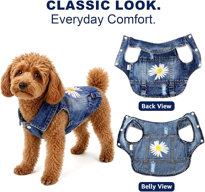 Dog Denim Jacket, Daisy Embroidery for Small Dogs, XXL, Chest 19-20.5 in | Ripped vintage jean vest for puppies, Chihuahuas and Pugs, cotton-blend outfits for spring summer fall festival and daily