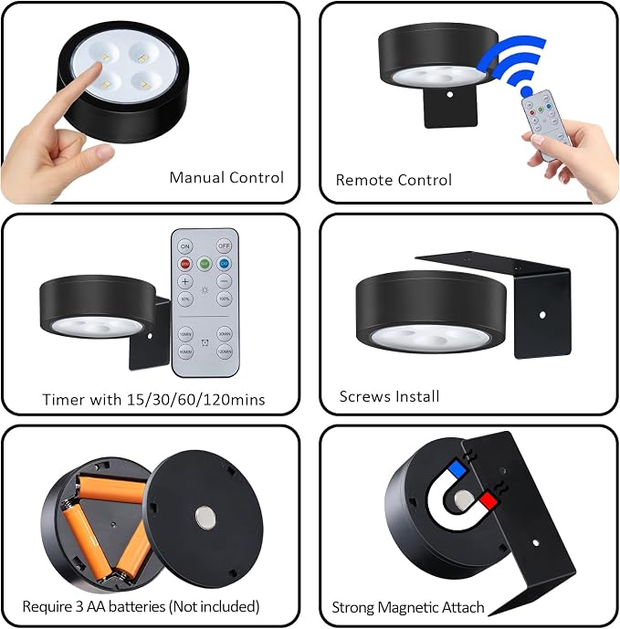 3Pcs Battery Operated Picture Light, Magnetic Painting Light with Remote, Dimmable Timer Art Display Light with 3 Light Modes for Dartboard Frame Picture Portrait,Wireless Wall Decor Puck Lights