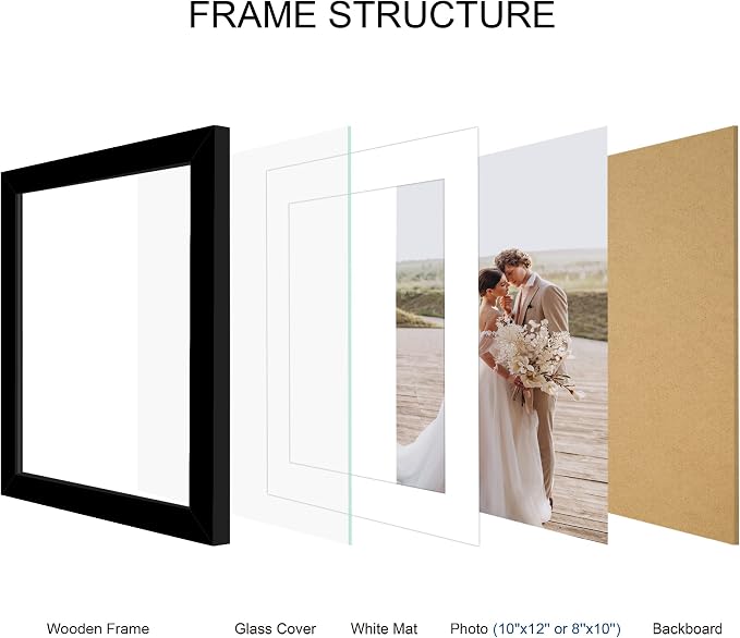 Hongkee 10x12 Picture Frame Set of 4, Made of Real Glass and Black Frame - Display Picture 8x10 with Mat or 10x12 Without Mat, 10 by 12 Photo for Wall Mounting