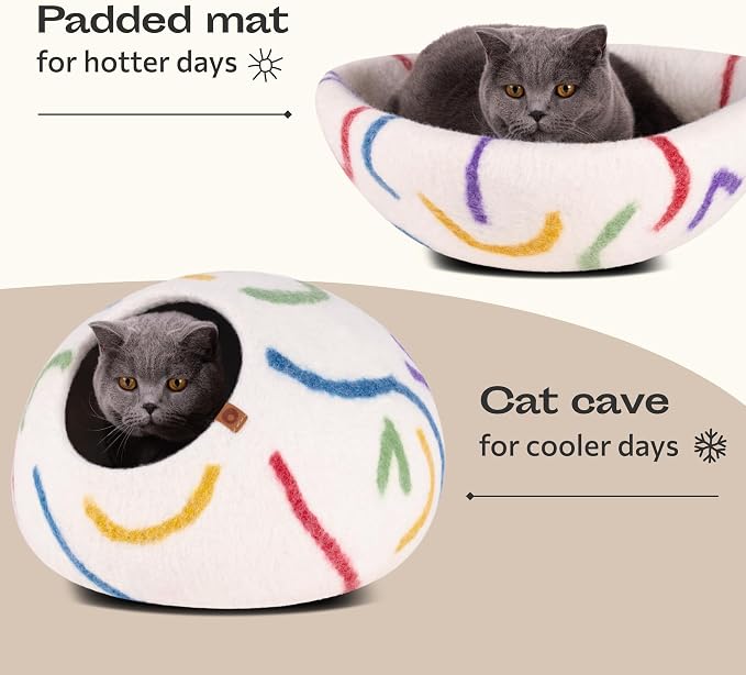 Cat Cave - Merino Wool Bed for Indoor Cats (Ivory Rainbow, Large) | Cat Bed Enclosure, Premium Felt, Handmade, Super Soft, Lightweight, Breathable, Adjustable Shape