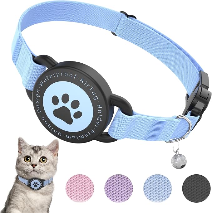 Airtag Cat Collar, Stretchy Kitten Collar with Apple Air Tag Holder, Blue