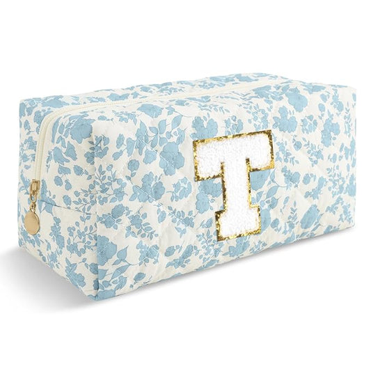 Personalized Quilted Cosmetic Bag, Puffy Monogrammed Christmas Birthday Gifts for Women & Girls, Cute initial Floral Makeup Bag Puffer Coquette Bag, Aesthetic Travel Toiletry Zipper Pouch(Blue,T)