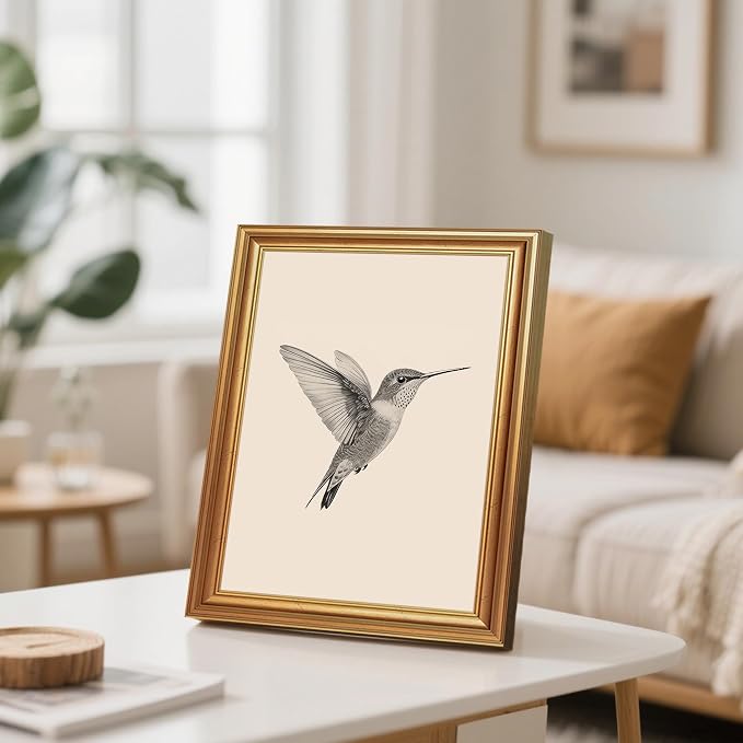 JLTULT Vintage Hummingbird Wall Art, Gold-Tone Framed Canvas, 8 x 10 In | Black-and-white hummingbird art on fade-resistant canvas with a ready-to-hang gold-tone PS frame for bedrooms and offices