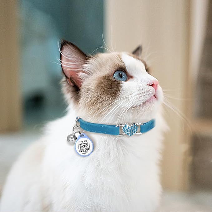 Heart Bling Cat Collar with Safety Belt and Bell Adjustable 8-13 inches for Kitten,Personalized Cat Collar with QR Code Smart ID tag Cute Kitty Collar for Girl Boy Cats,Pet Gifts GPS(red)