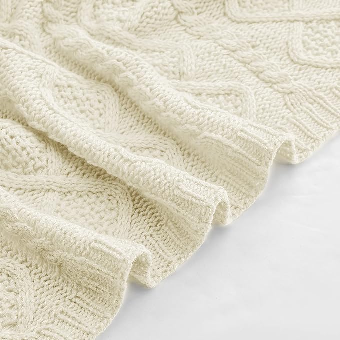 Homiest Cream White Cable Knit Throw Blanket Set of 3, with 2 Pillow Covers | Pure Acrylic, Lightweight & Breathable, All-Season Use, Machine Washable, Wrinkle & Fade Resistant, for Couch Bed And Sofa