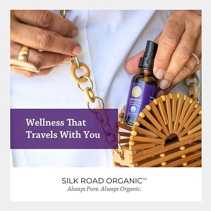 Silk Road Organic Lavender Essential Oil Spray, Lavandula Angustifolia, 100% Pure USDA Certified Aromatherapy for Calming, Relaxation & Skin – 1 oz Spray - Always Pure, Always Organic