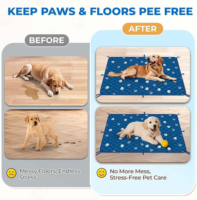Fostanfly Washable Pee Pads for Dogs, Ultra-Absorbent, 36"x48"-2 Pack, Blue | Leak-Proof, Waterproof, Non-Slip, Large Reusable Pee Pads for Puppy Potty Training, Crate and Playpen with 8 Tie Straps
