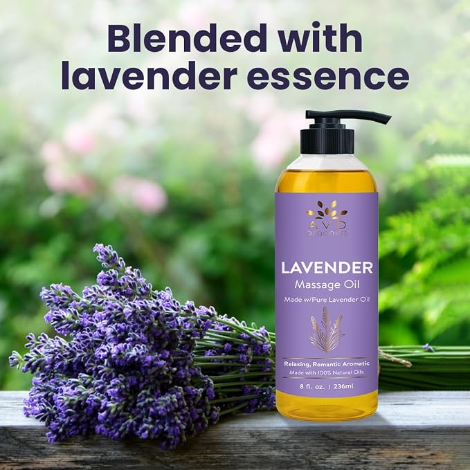 AVD Organics Lavender Massage Oil 236 ml| 100% Pure & Natural | for Men & Women | Sore Muscles Body Massage | Soothing Blend of Natural Oils for Therapeutic and Aromatherapy | 8 fl.oz