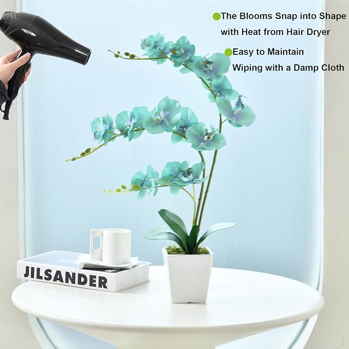 22" Golden Blue Faux Orchid in Ceramic Vase for Table Décor | Real Look Potted Phalaenopsis, Ideal Centerpiece for Home, Office, or Indoor Display, Lifelike Silk Flowers, No Maintenance