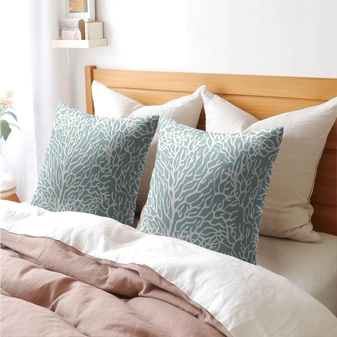 Nautical Coastal Coral Pillow Covers 22x22 Inch Set of 2 Summer Ocean Beach Seafoam Blue Decorative Pillow Cases Outdoor Linen Cushion Cover Farmhouse Decor for Bedroom Home Sofa Couch Bed