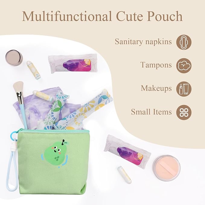 Canvas Period Pouch Soft First Period Kit Bag Small Discreet Menstrual Cup Pad Pouch Cute Sanitary Napkin Storage Bag Tampon Holder Multi-purpose Feminine Bag Geen