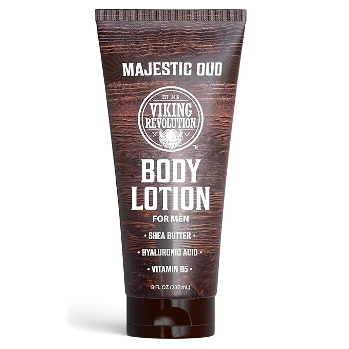 Viking Revolution Majestic Oud Body Lotion for Men – Mens Lotion for Dry Skin with Shea Butter, Hyaluronic Acid and Vitamin B5 – Nourishing Mens Body Lotion for Hydrated and Smooth Skin (8oz, 1 Pack)