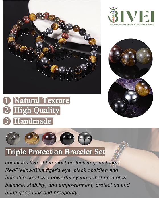 Bivei Natural Gemstone Semi Precious Healing Crystals Handmade Stretchy Round Beads Bracelet,Stocking Stuffers for Women Enhance Positive Energy