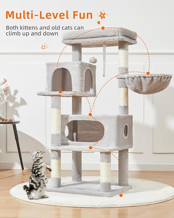 Taoqimiao Cat Tree, 49In Cat Tower for Indoor Cats Large Adult | 2 Luxurious Cat Condos, Thick Padded Top Perch, Adjustable Hanging Baskets, 5 Scratching Sisal Posts, Light Gray MS029LW