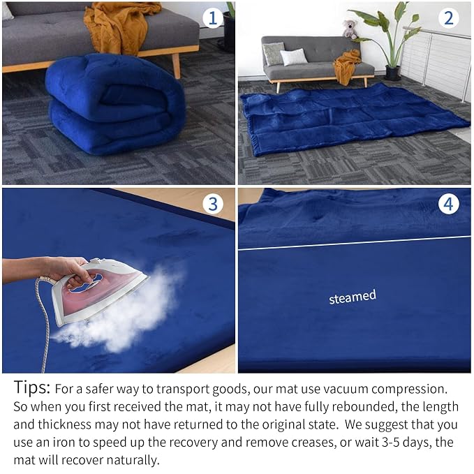 Ultra Soft Baby Play Mat for Floor, 1.3" Thick Elasti-Foam 59x59 Play Mat for Playpen,Water-Repellent Coral Velvet for Tummy Time, Non-Slip Backing,Safe for Toddlers & Infants（Dark Blue）