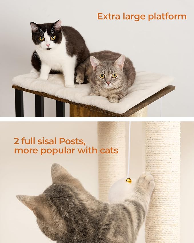 35.4in 3-Tier Modern Cat Tree Tower Condo, Cat Scratch Posts for Indoor Cats, Big Plate, Two Full Sisal Scratching Posts, Rustic Brown