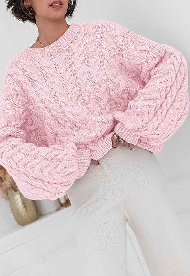 PRETTYGARDEN Womens Sweaters Spring 2026 Cable Knit Long Sleeve Crewneck Oversized Sweater Chunky Pullover Loose Outfits