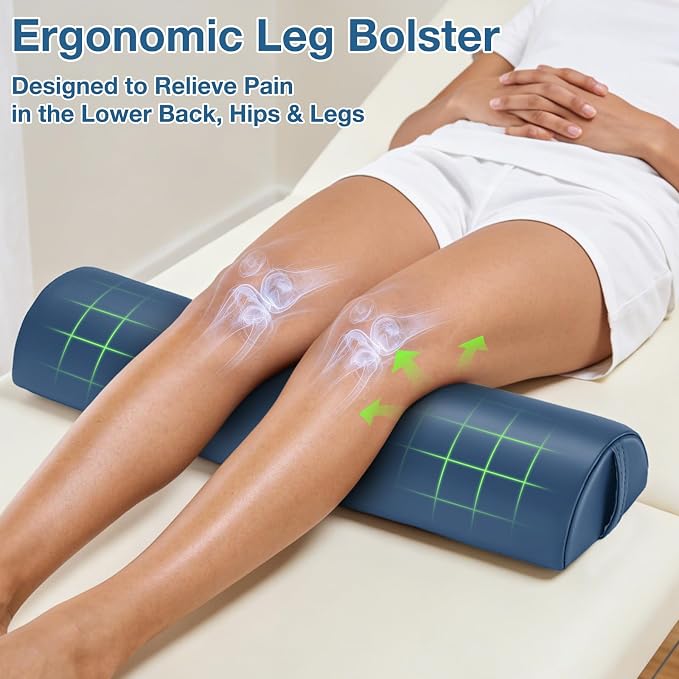 Semi-Round Massage Bolster, 21 x 6 x 3 in PU Leather Half Moon Lower Back Support Pillow Comfort Cushion for Massage Table, Positioning Bolster Neck Pad for Ankle Leg Pain Relief Side Sleeper - Blue