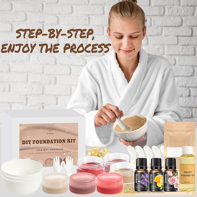 JCOOS DIY Foundation Making Kit, Liquid Foundation Makeup with Shea Butter, Almond Oil, Pigment Powders, Essential Oils to Make Your Own Color Matching Foundation, Concealer, Contour for All Skin Tone