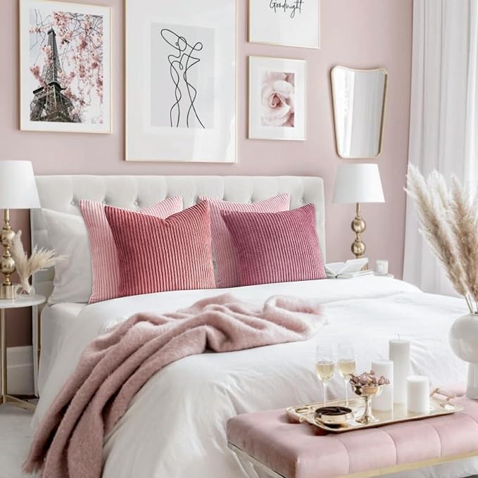 Topfinel Throw Pillow Cover 4pc Set - Multi Pink Combo - 26" x 26" Solid Cozy Corduroy Square Accent Decorative Cushion Case for Couch Sofa Chair Bed & Home, Only Covers
