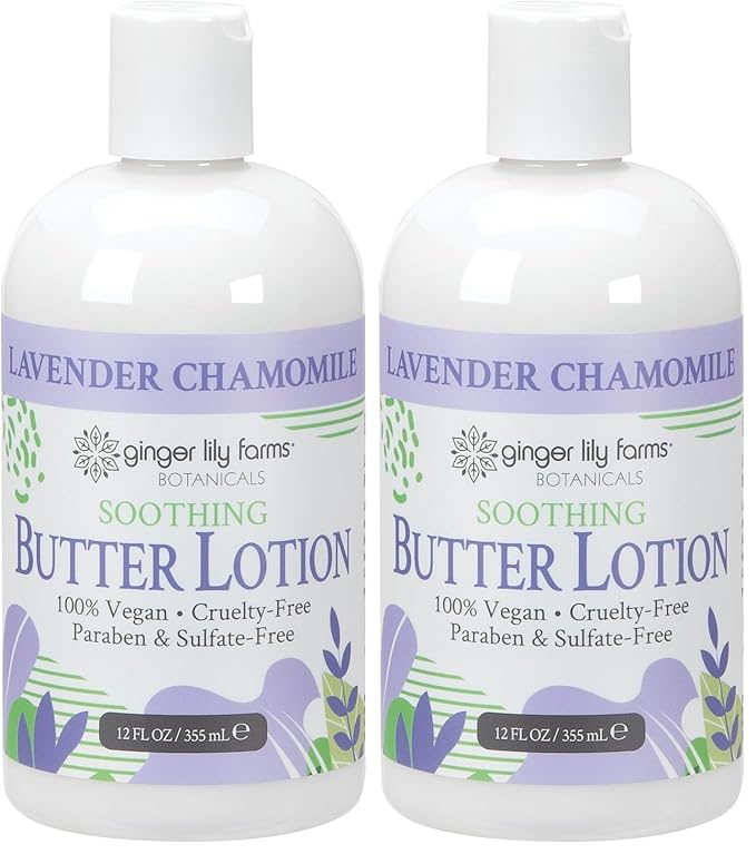 Ginger Lily Farms Botanicals Soothing Butter Lotion for Dry Skin, 100% Vegan & Cruelty-Free, Lavender Chamomile Scent, 12 Fl Oz (Pack of 2)