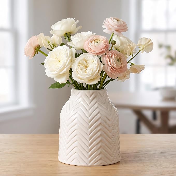 hjn White Vase for Flowers Ceramic Vase for Decor, Modern Decorative Vase, Vases for Your Kitchen/Office/Living Room/Bookshelf/Mantel - White Texture(Small)