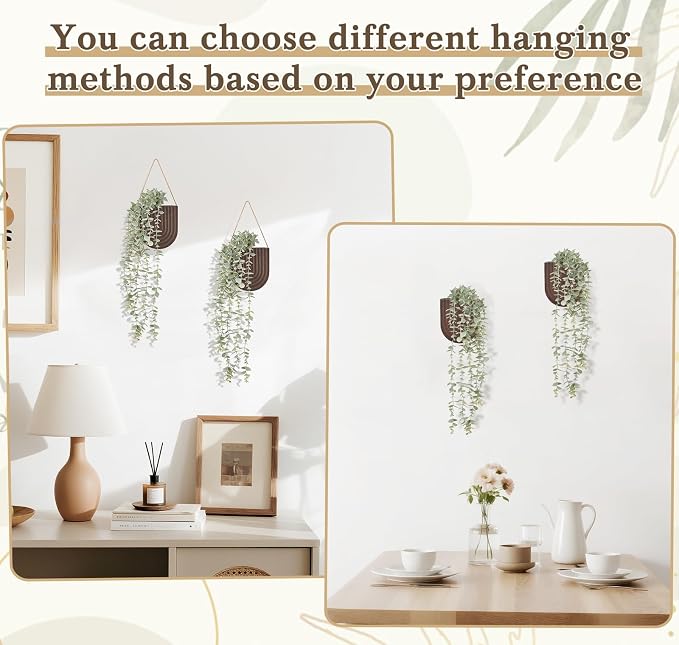 Dahey 2 Pack Wall Planter Vase with Hanging Fake Plants for Bathroom Decor | Eucalyptus Wall Plants, Boho Farmhouse Wood Wall Art Decor for Living Room Bedroom Kitchen Home Office, 2 Ways to Hang, Brown