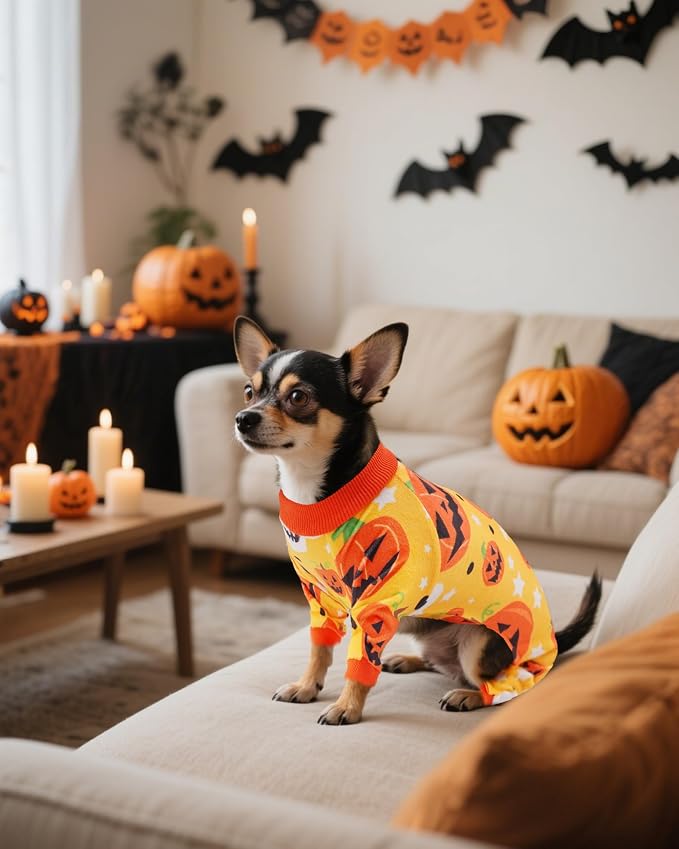 PET SHOW 4 Pack Halloween Fleece Dog Pajamas Warm for Small Dogs | Soft stretchy dogs onesies,boy girl pjs with sleeve,holiday jumpsuit costume for small pets cats,S