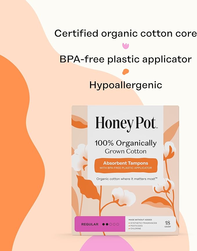 The Honey Pot Company - Regular Absorbency - 100% Organic Cotton Core Tampons w/Bio Plastic Applicator - Feminine Care – Unscented - 54 Count (3 Packs of 18)