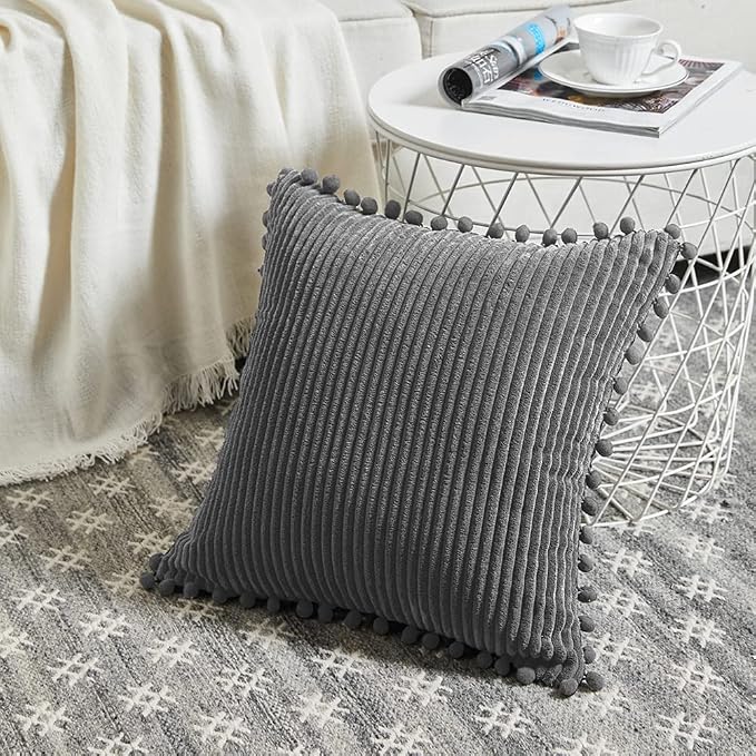 Fancy Homi Pack of 2 Dark Gray Decorative Throw Pillow Covers 26x26 Inch with Pom-poms for Couch Bed Living Room, Soft Corduroy Solid Square Cushion Case 66x66 cm, Farmhouse Boho Home Décor