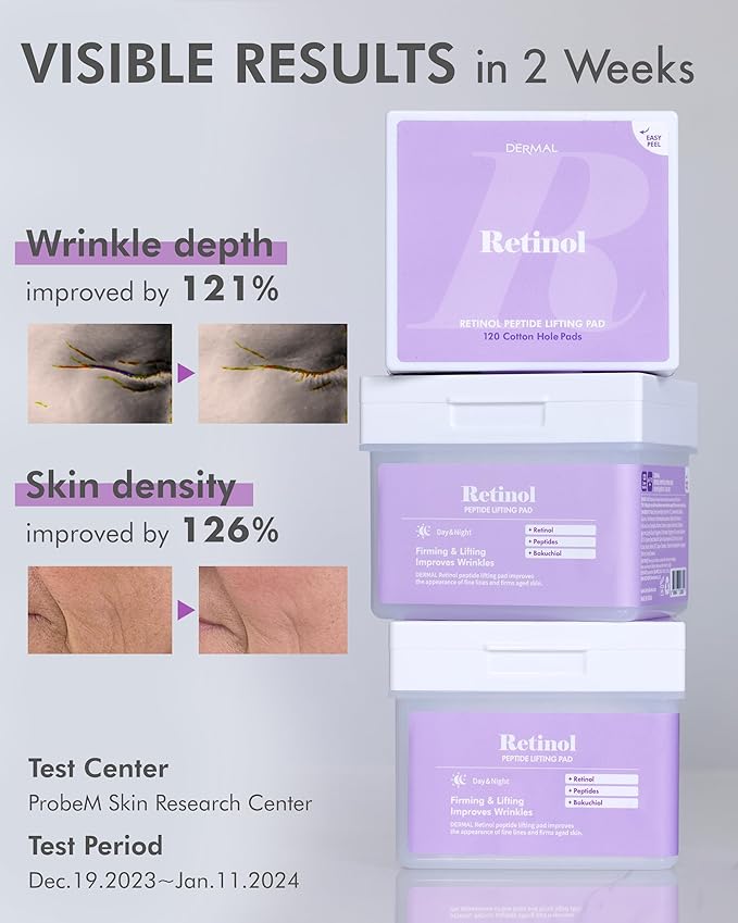 DERMAL Retinol Peptide Lifting Pad - Korean Toner Pad for Anti-Aging & Wrinkles with Bakuchiol - Vegan Pure Cotton Square Pads - High Capacity, 120 Sheets