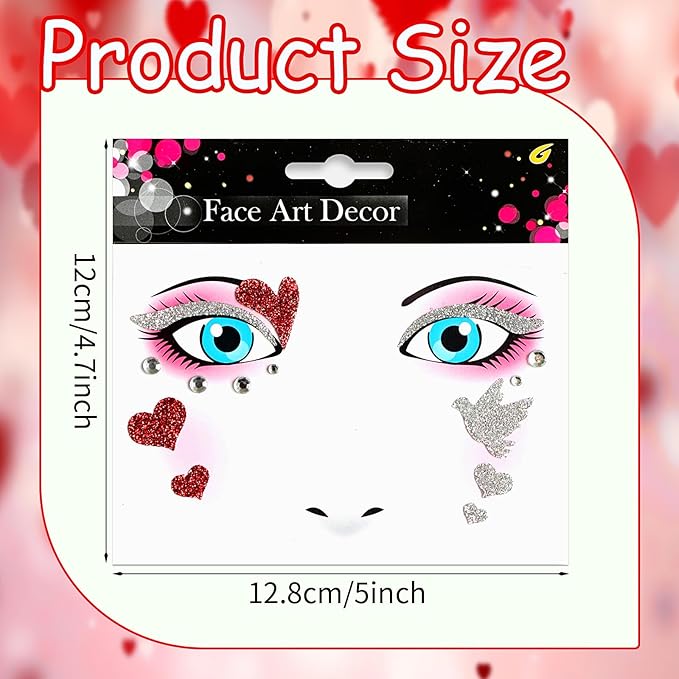 Valentine Face Gems Face Jewels Stickers Red Love Heart Lip Self Adhesive Eye Body Face Nail Hair Crystal Rhinestones for Makeup Festival Glitter Face Art Decor 2Sheets (style5)