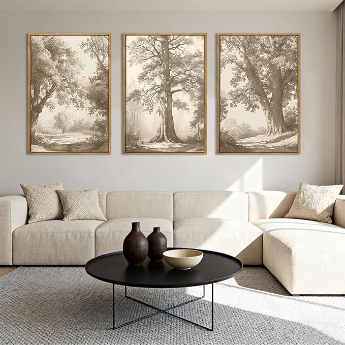 Vintage Tree Canvas Wall Art Framed Rustic Tree Landscape Sketch Antique Painting Neutral Forest Wall Decor 24x36 Inch Farmhouse Botanical Set of 3 for Living Room Bedroom