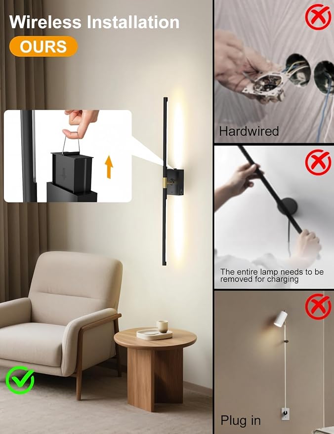Battery Operated Wall Sconces Set of 2, Wireless Rechargeable Wall Lights | 10000mAh, Remote Control, 4CCT Dimmable, 360° Rotation, Modern Home Decor for Living Room, Bedroom, Hallway, Picture Lighting