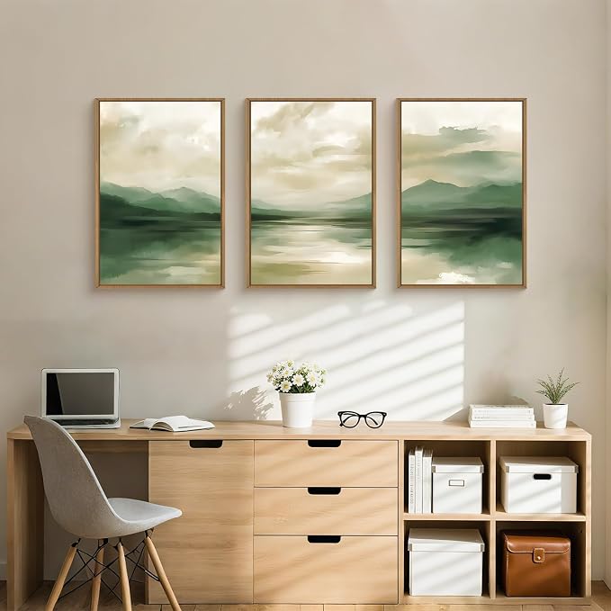 FWIEXA Sage Green Abstract Canvas Wall Art Set of 3, Framed Beige White Landscape Painting, Neutral Watercolor Mountain Prints, Nature Mountains Lake Prints, 24x36In Artwork for Living Room, Bedroom