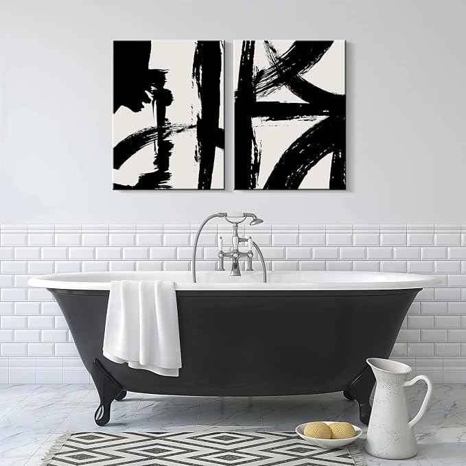 2Pcs Framed Abstract Black and White Canvas Wall Art Minimalist Brushstroke Line Prints Modern Home Gallery Style Painting Posters Picture Bedroom Living Room Office 16x24 Inch Ready to Hang