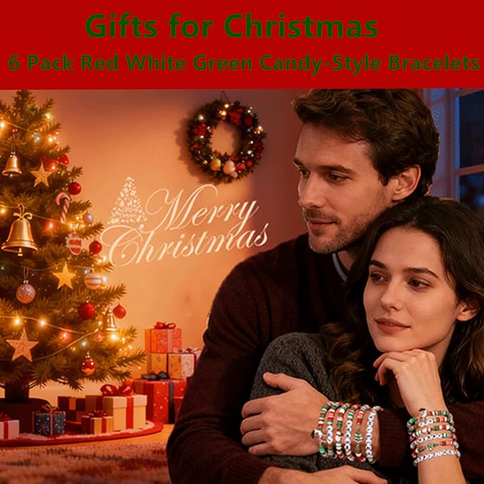 Go Ho Christmas Glitter Gel and Bracelets Kit, 6PCS Red White Green Beaded Bracelets with Face Glitter Makeup for Body & Hair, Fun Christmas Gifts for Women and Teens