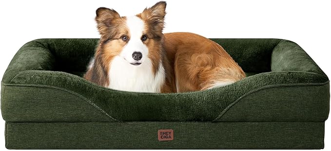 EHEYCIGA Orthopedic Dog Bed for Large Dog, Memory Foam Dog Couch,Dark Green | 41x27 Inch Large Sized Dog Sofa with Sides, Waterproof Liner & Washable Removable Cover, Bolster Pet Couch