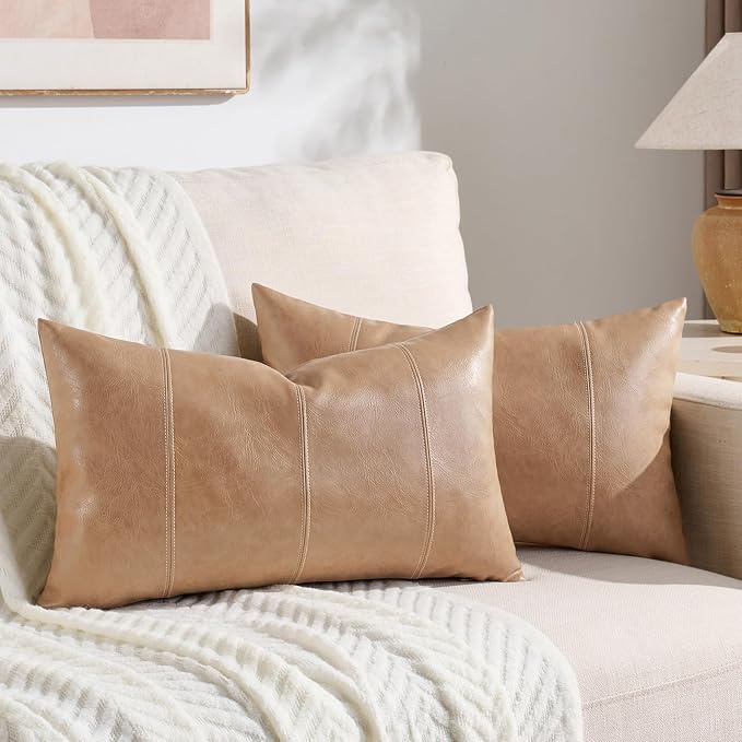 Fancy Homi Tan Long Lumbar Faux Leather Decorative Throw Pillow Covers 12x24 Inch for Living Room Couch Bed, Beige Hand Stitched Cushion Case 30x60 cm, Taupe Modern Farmhouse Home Decor