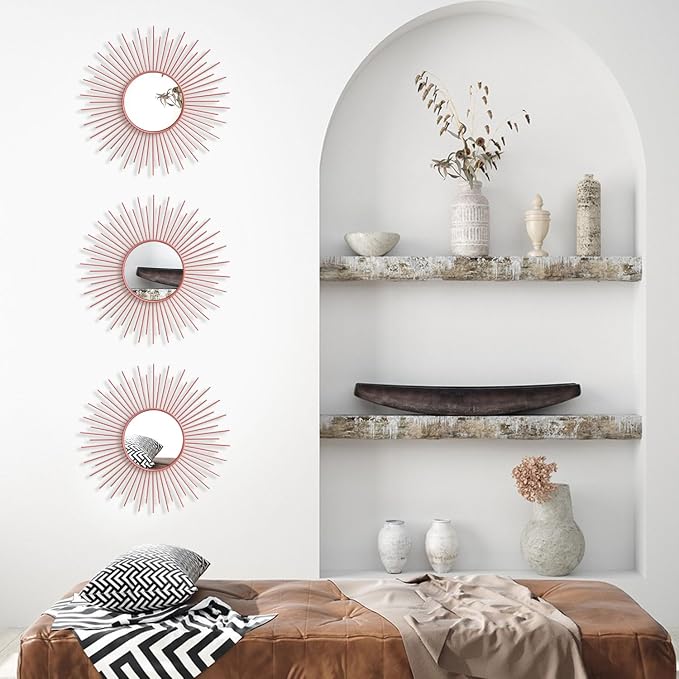 3 Pack Metal Mirrors for Wall Sunburst Wall Mirrors Home Décor Decorative Hanging Wall Art for Living Room Bedroom Entryway (Pink, Sunburst)