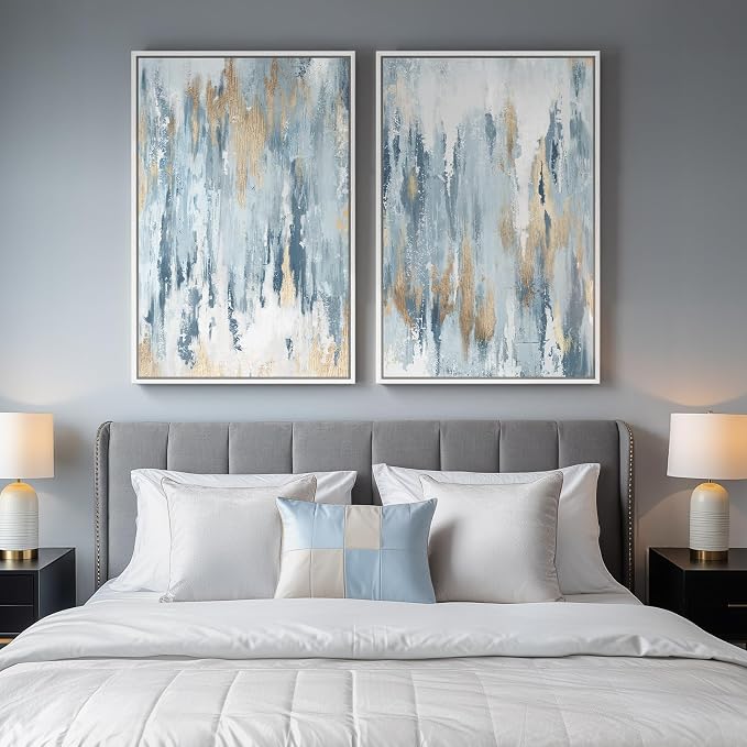 Large White Framed Blue and Gold Abstract Wall Art for Living Room, 24x36 | 2 Piece, Canvas prints, Navy blue paintings, Modern minimalist artwork, Glitter pictures, Dining room bedroom wall decor