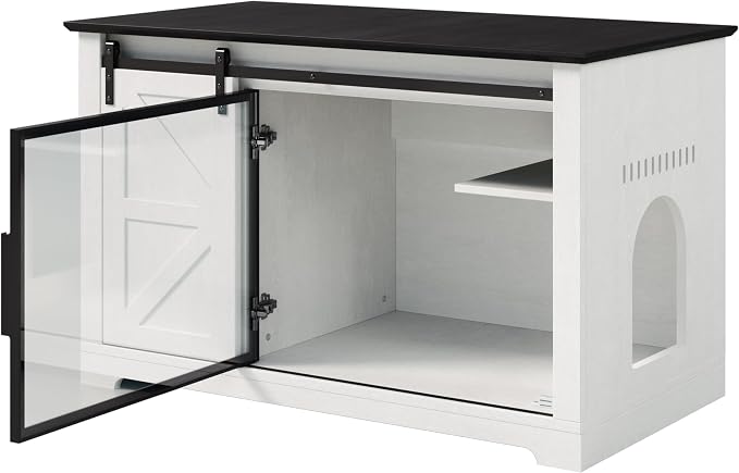 46 Inch Farmhouse Cat Litter Box Enclosure with Storage, White | App-Controlled LED Light, Sliding Barn Door, Acrylic Viewing Door, Adjustable Shelf, Dual Entry and 220 lb Top Capacity